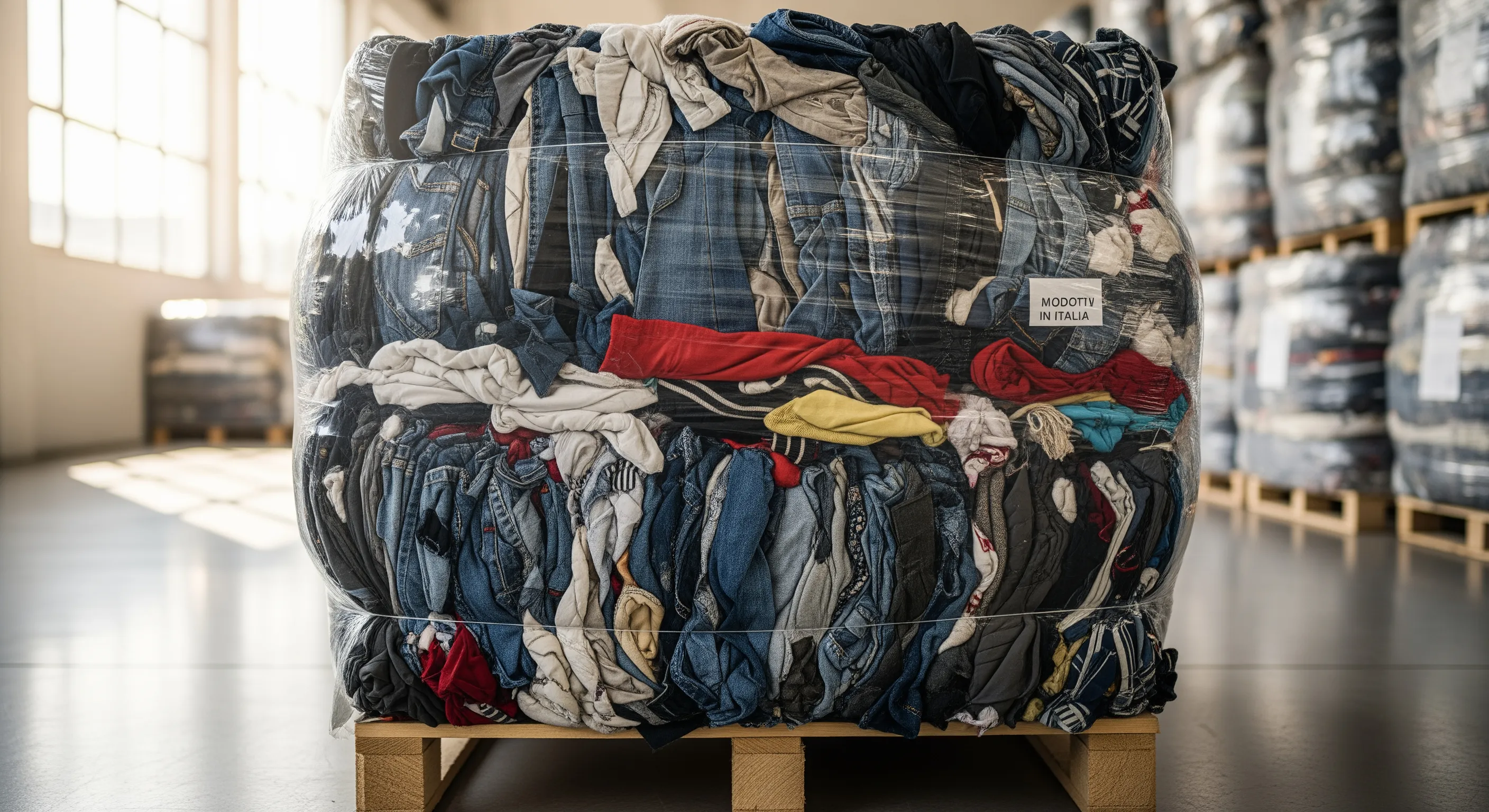 Close-up of a tightly packed bale of assorted second-hand clothing resting on a pallet in a clean warehouse