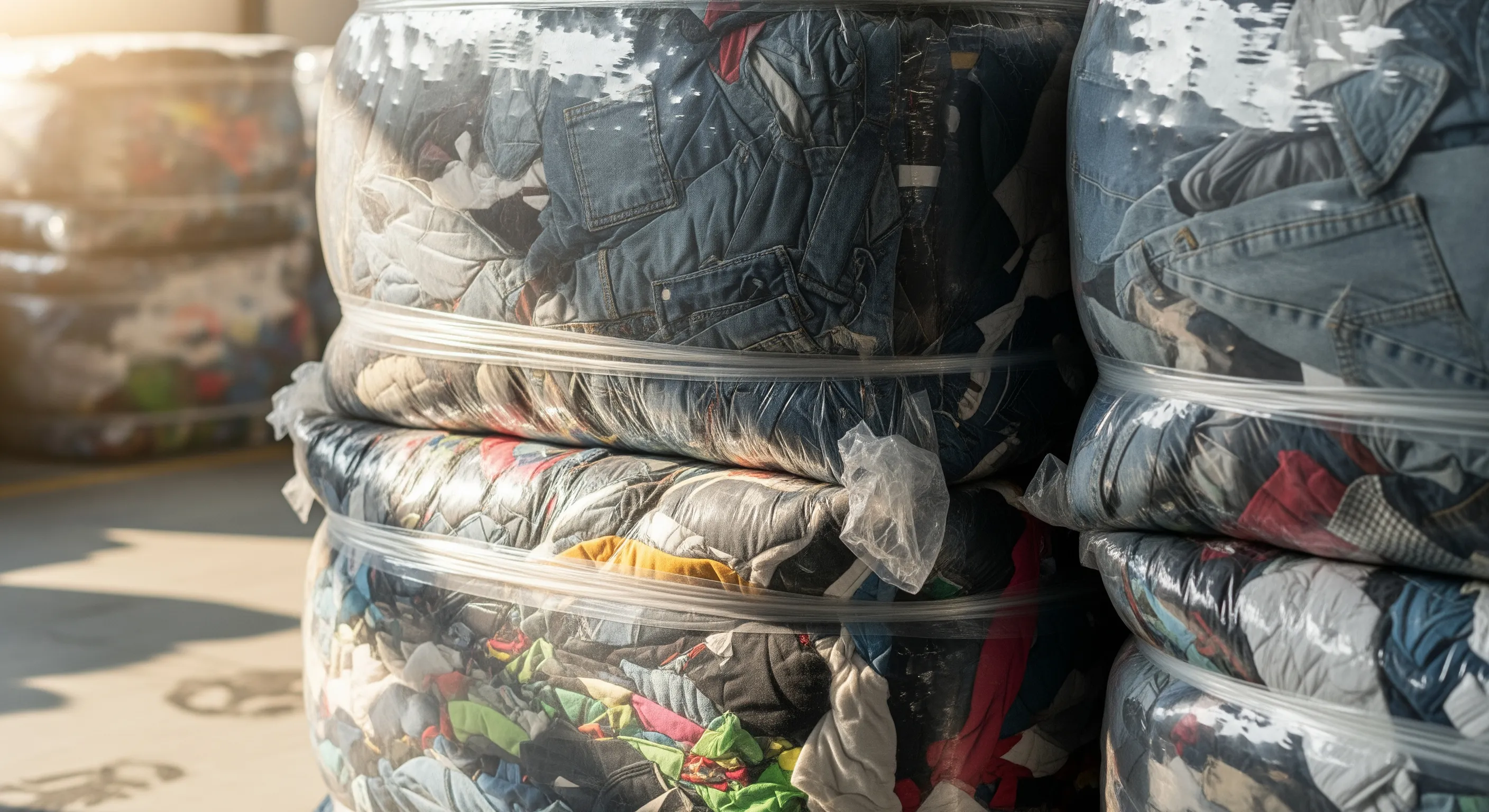 Close-up of tightly wrapped large bales of second-hand clothing showing fabric textures in a well-lit commercial warehouse.