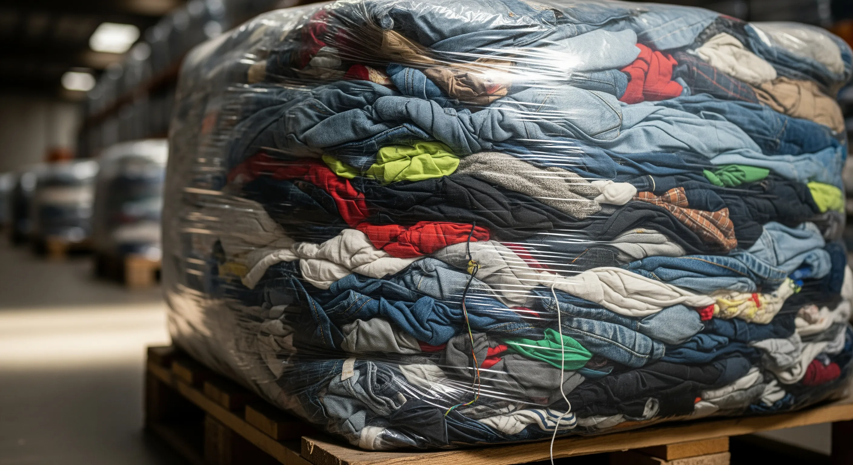 Close-up of a large wrapped bale of assorted second-hand clothing on a pallet inside a well-lit warehouse.