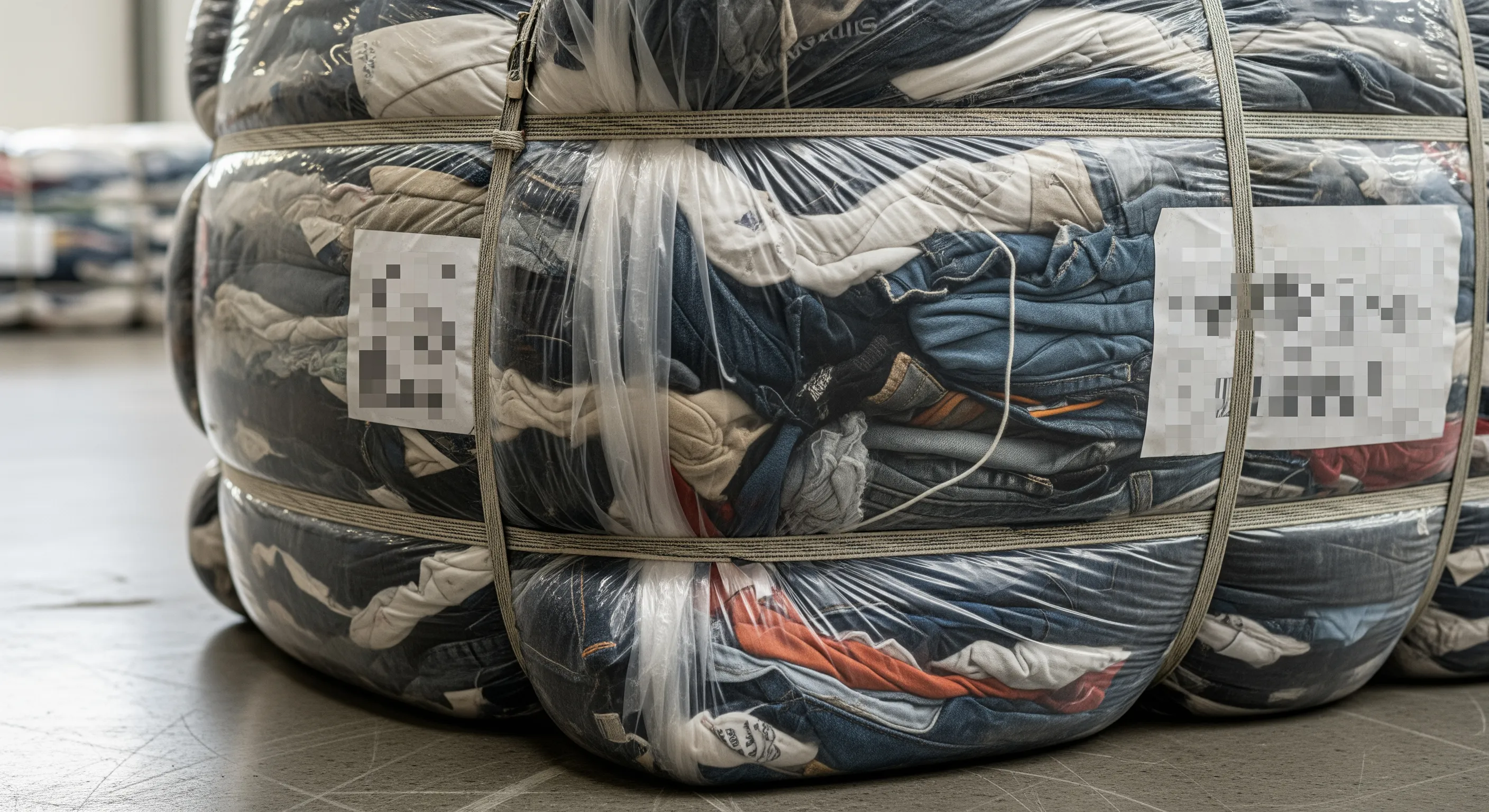 Close-up of tightly bound large bales of used clothing highlighting fabric texture and bale scale in a tidy wholesale warehouse environment.