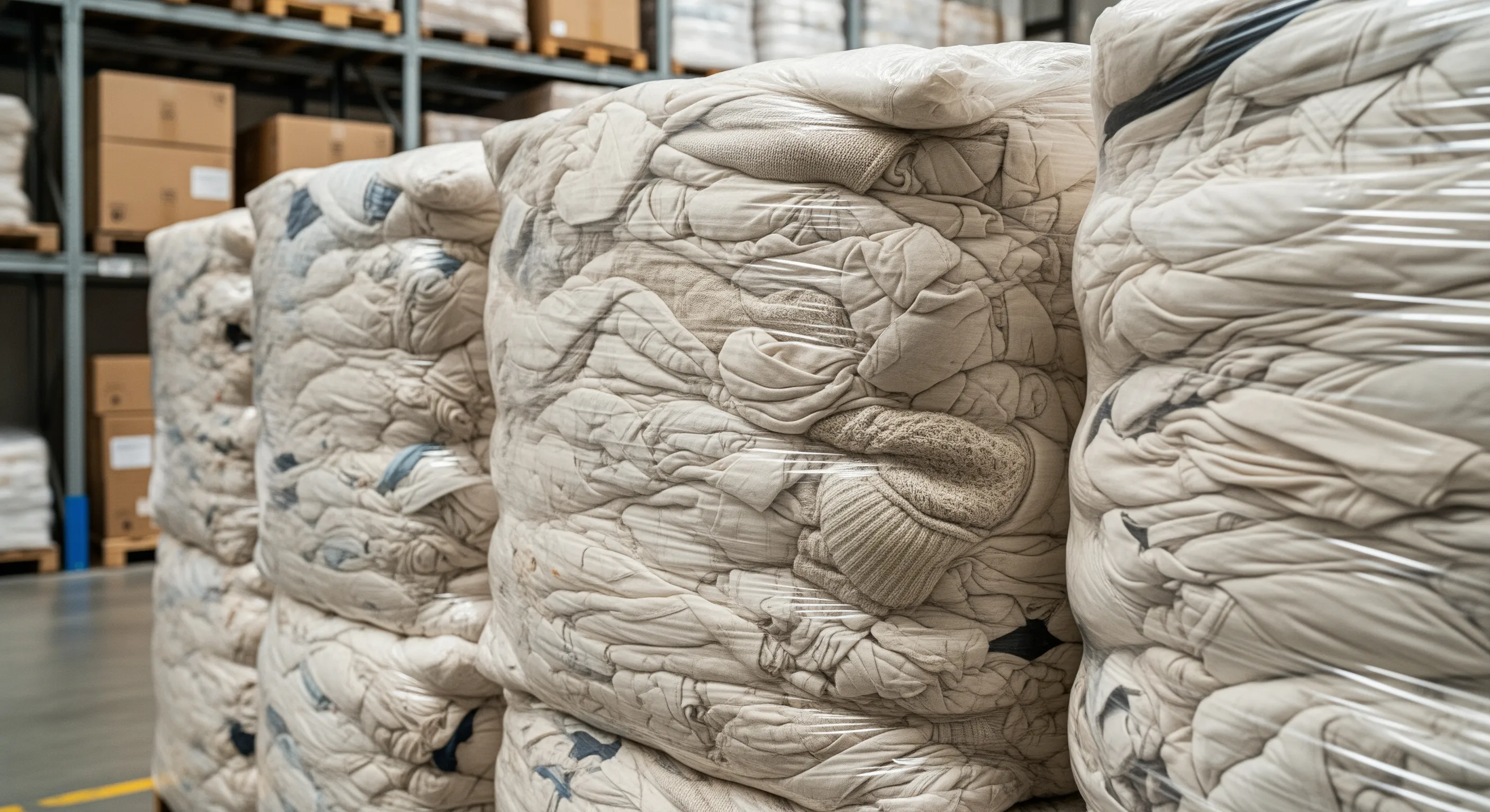 Close-up of tightly packed cream-colored used clothing bales stacked inside a clean industrial warehouse
