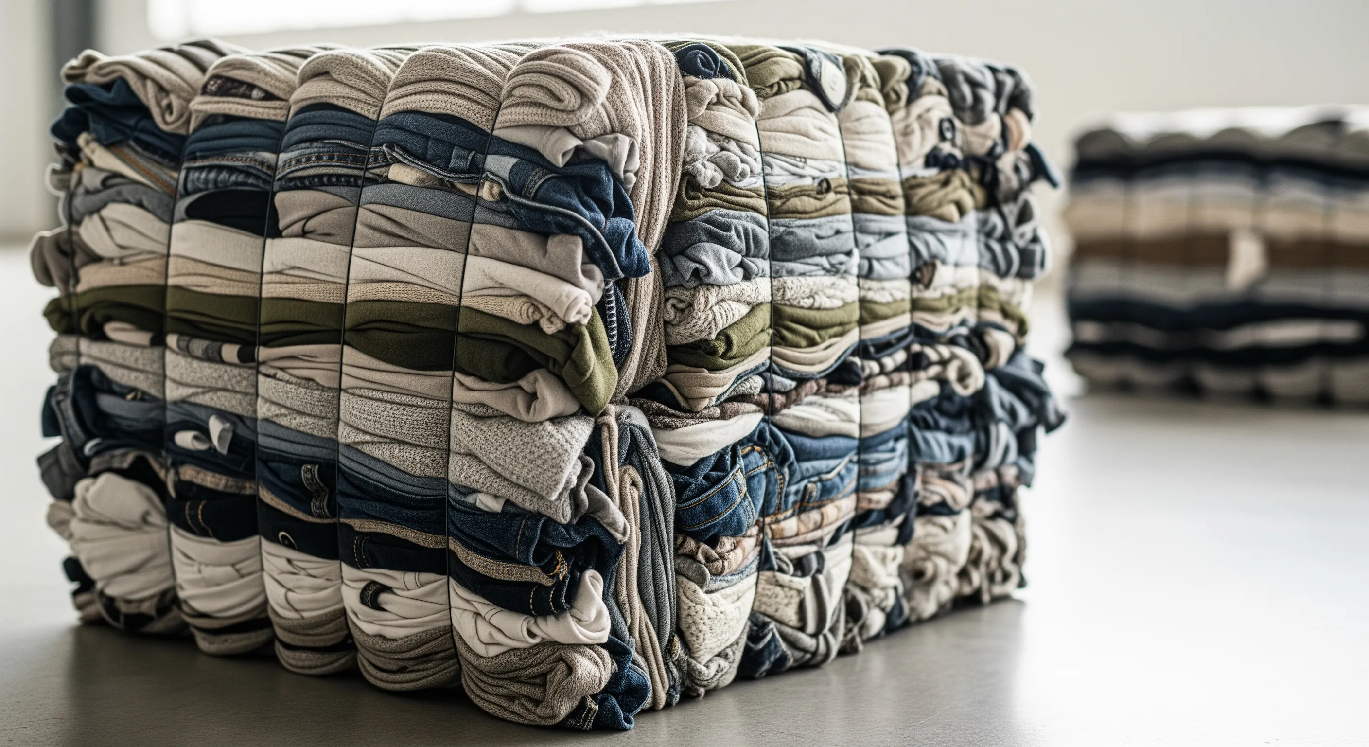 Close-up of a tightly compressed bale of second-hand apparel showing texture and bulk in a clean warehouse