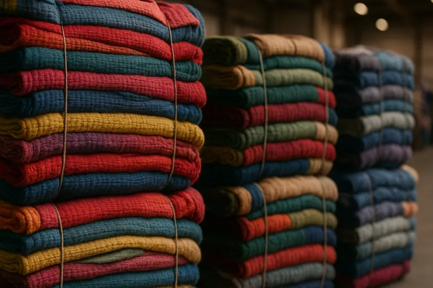 Close-up of tightly pressed fabric bales showing layered textiles in an industrial warehouse setting