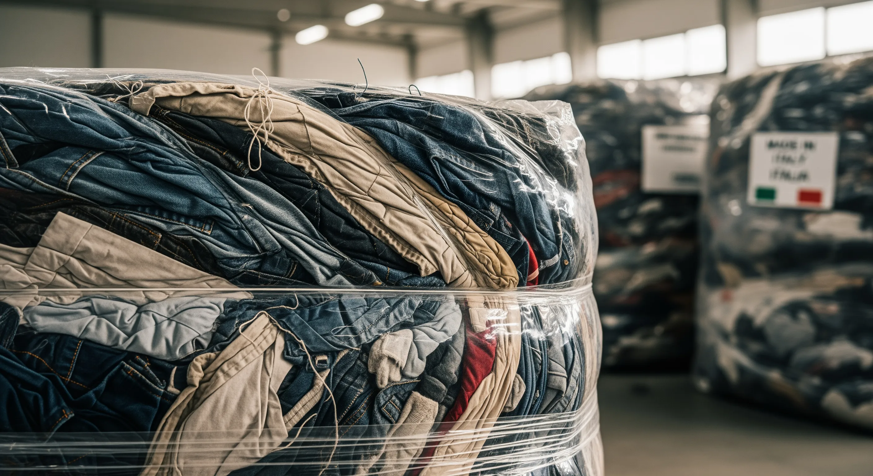Close-up view of fabric texture through wrapping on a large bale of second-hand clothing in a warehouse.