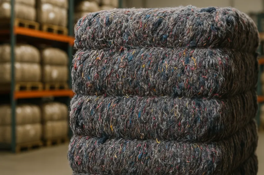 Close-up of compressed fabric in a large bale of second-hand branded clothing with blurred warehouse background.