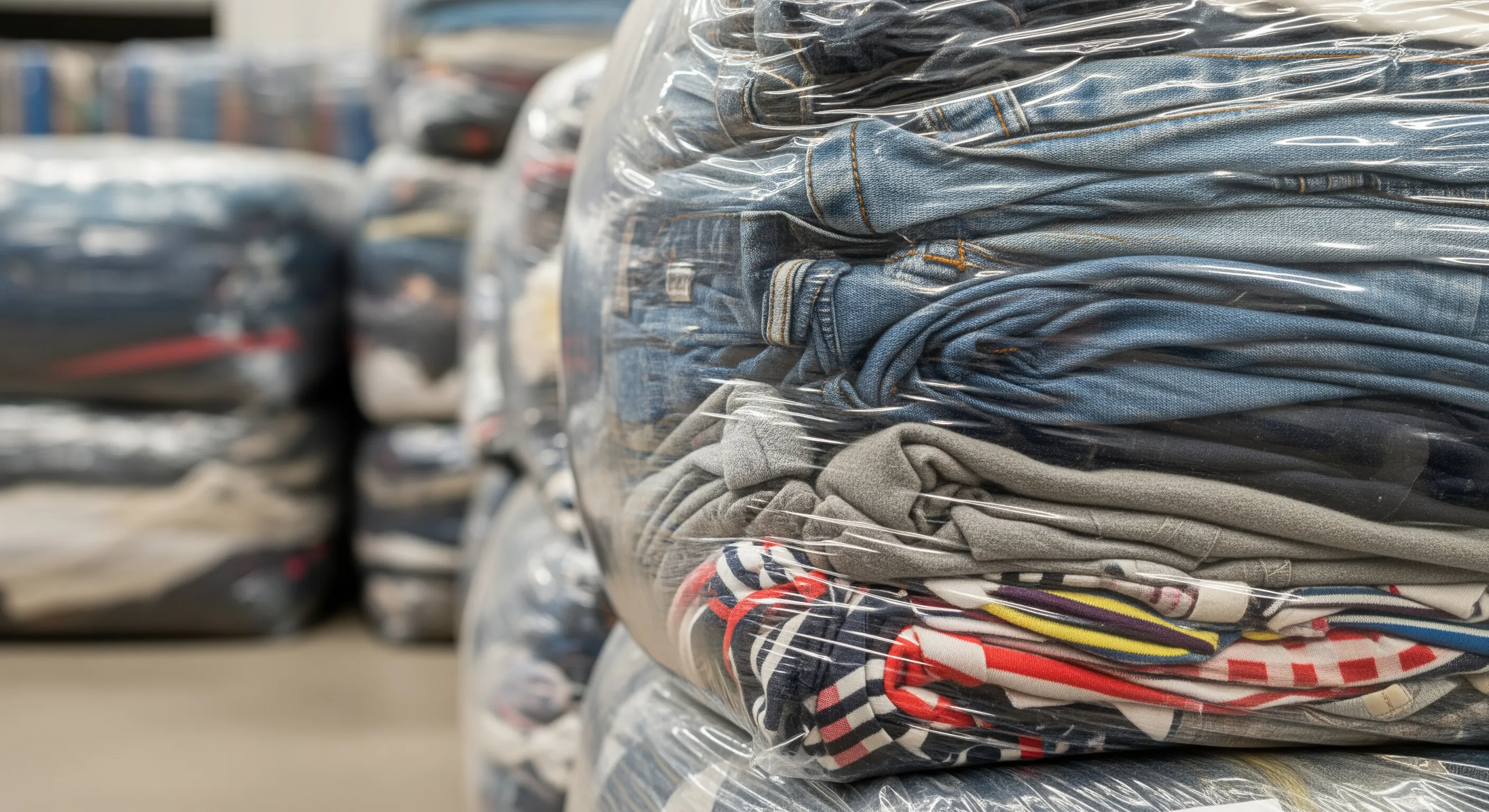 Close-up of detailed fabric textures visible through plastic wrapping on compressed bales of second-hand clothing in a warehouse.