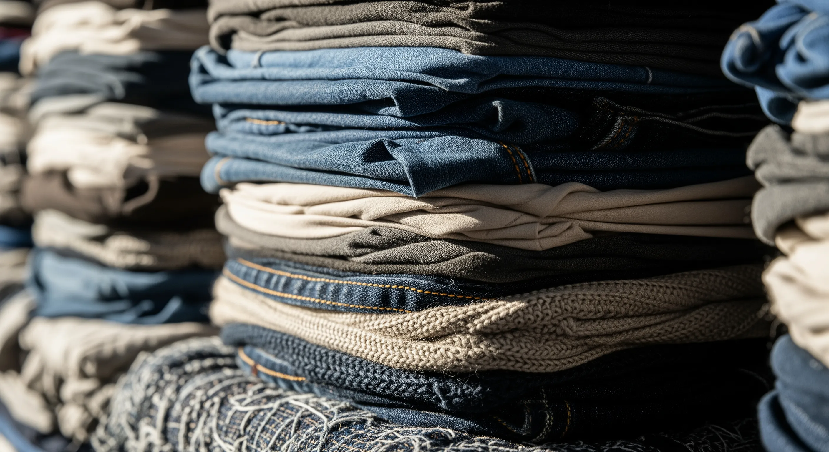Close-up of various fabric textures tightly compressed in bales of second-hand clothing for wholesale