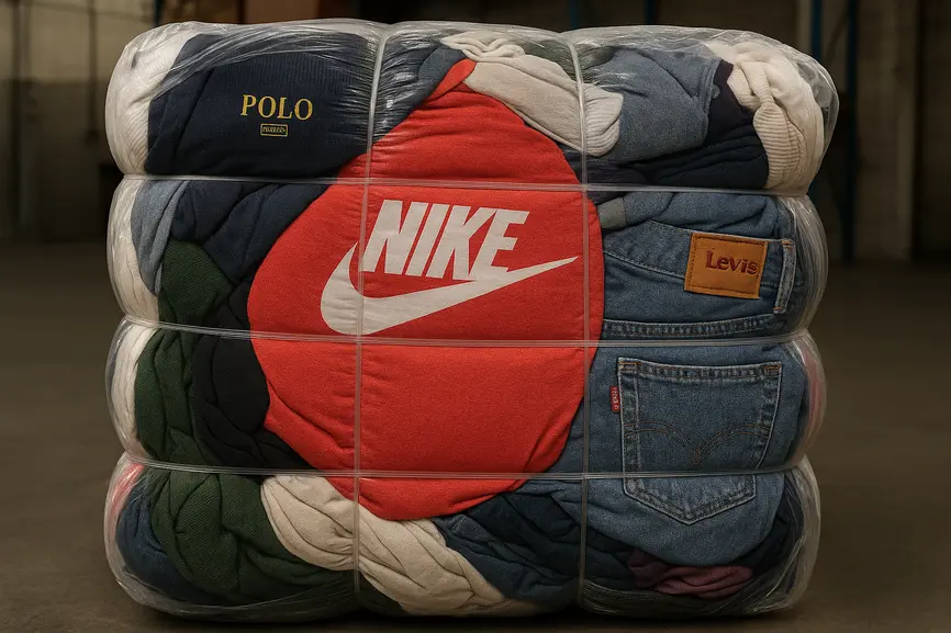 Close-up of a tightly wrapped bale of used branded clothing showing fabric textures inside a warehouse, reflecting wholesale stock quality.