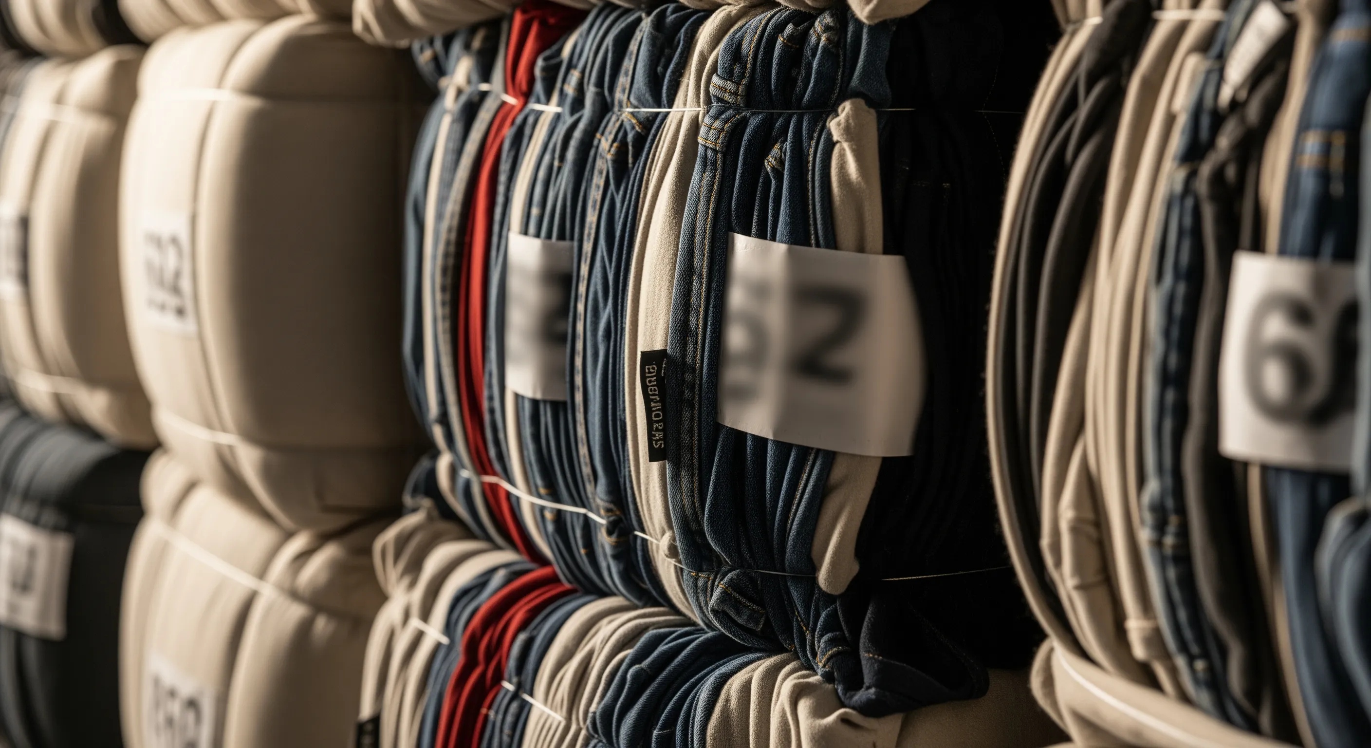 Close-up of packed second-hand clothing bales showing varied textile textures, wrapped and ready for bulk sale
