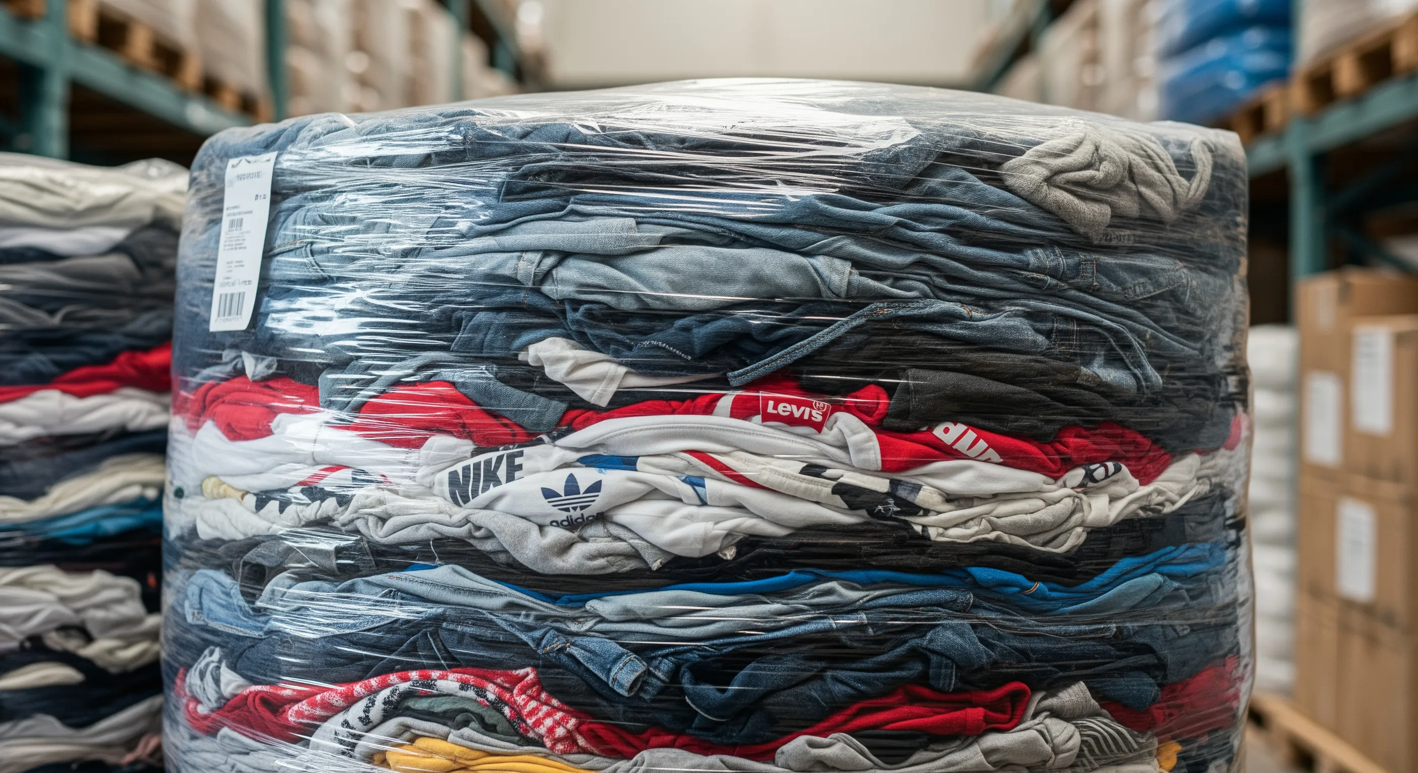 Close-up of a large compressed bale showcasing assorted second-hand branded garments wrapped in plastic in a warehouse
