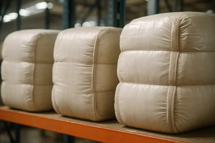 Close-up of compressed clothing bales wrapped in neutral plastic in a warehouse setting, showing fabric textures.