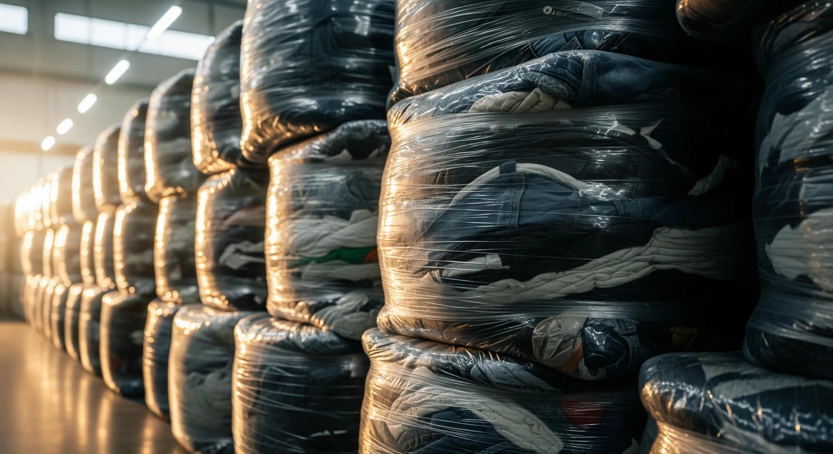 Close-up of wrapped bales of second-hand clothing showing texture and compression marks, emphasizing bulk stock quality