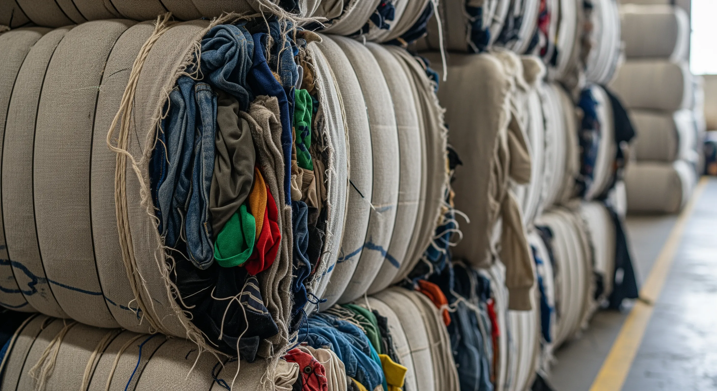 Close detail of compressed bales of second-hand clothing wrapped in fabric inside a warehouse
