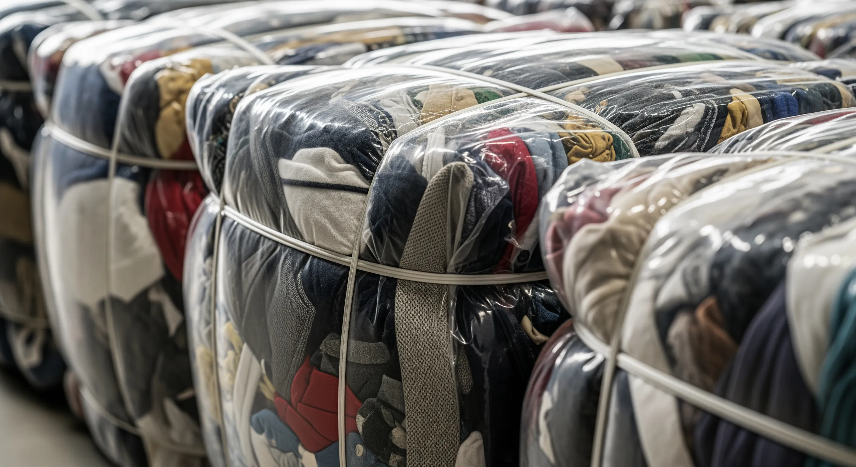 Close-up of compressed bales of second-hand clothes tightly wrapped in plastic straps, showcasing texture and warehouse storage