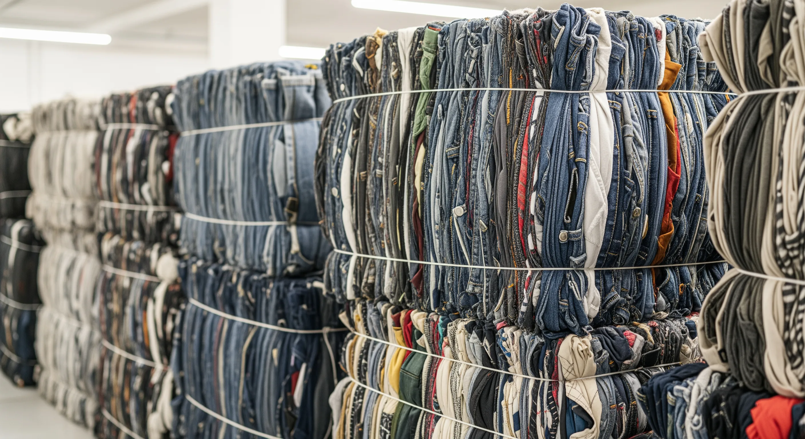 Close-up of tightly compressed second-hand clothing bales with visible various fabric textures inside a bright warehouse.