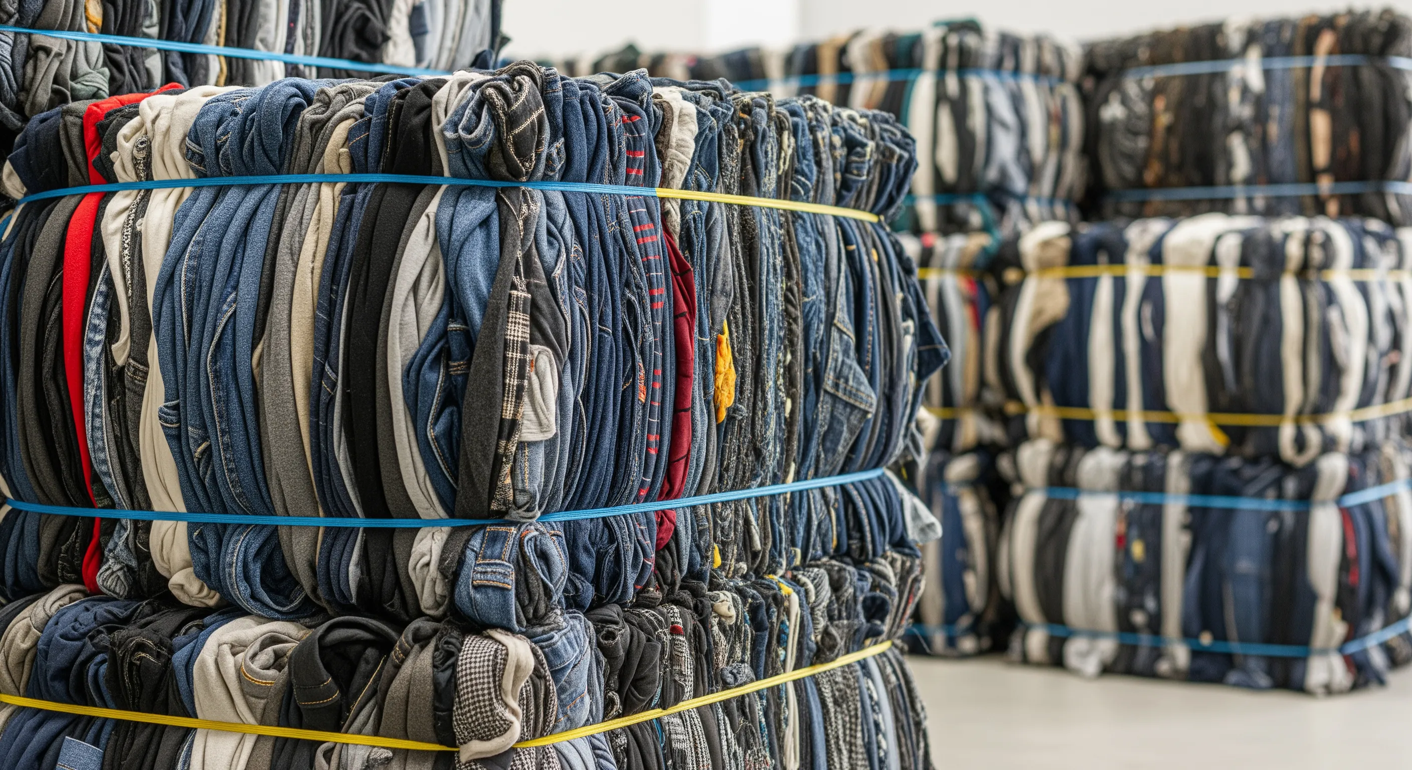 Close-up of tightly wrapped bales of second-hand clothing showing texture and layers in a clean warehouse