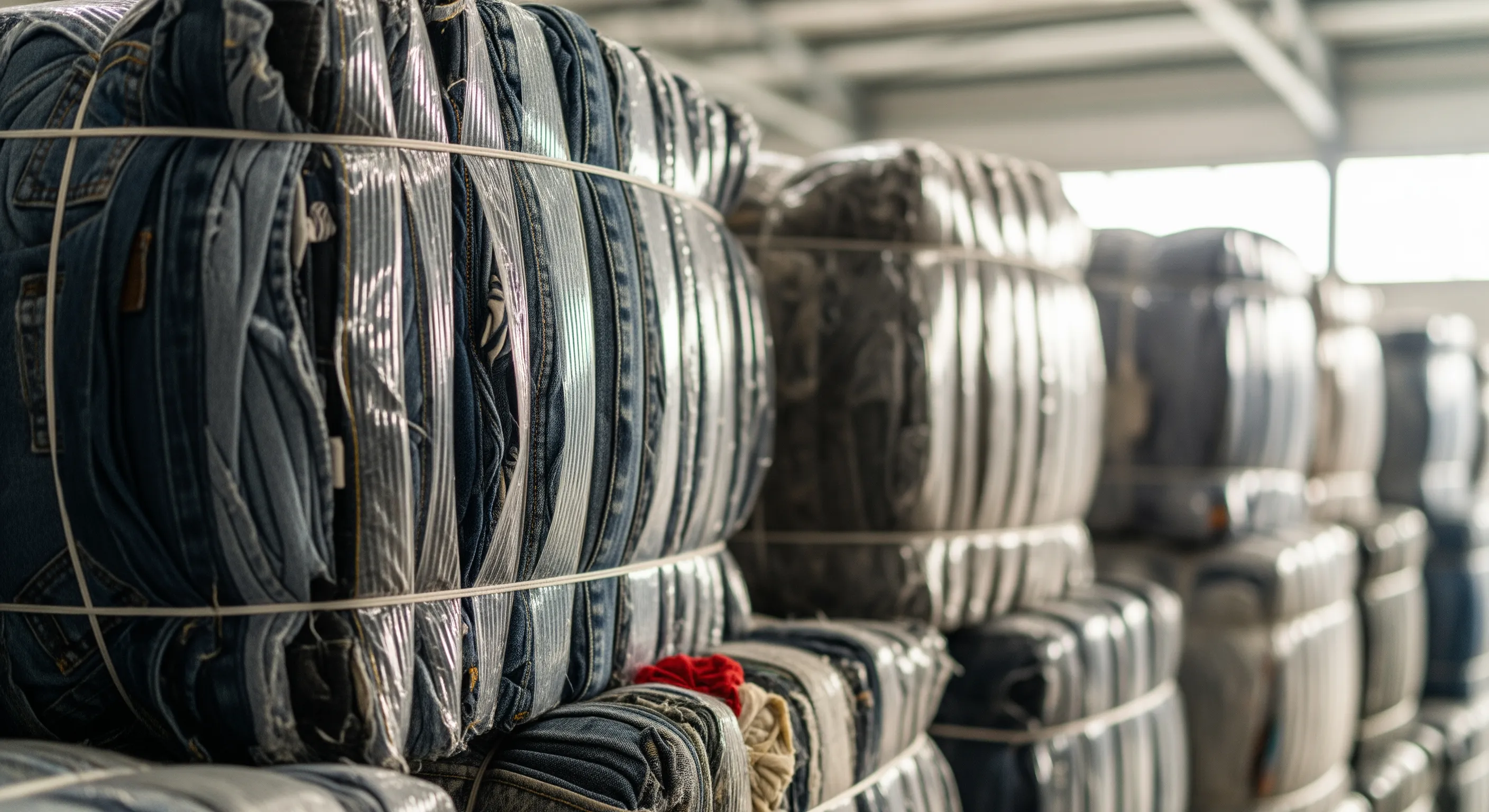 Close-up of tightly packed bales of used clothing wrapped with industrial straps in a bright warehouse setting