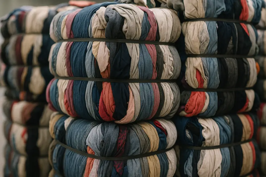 Close-up detail of large compressed bales of used clothing stacked in a warehouse, showing fabric texture and bulk scale.