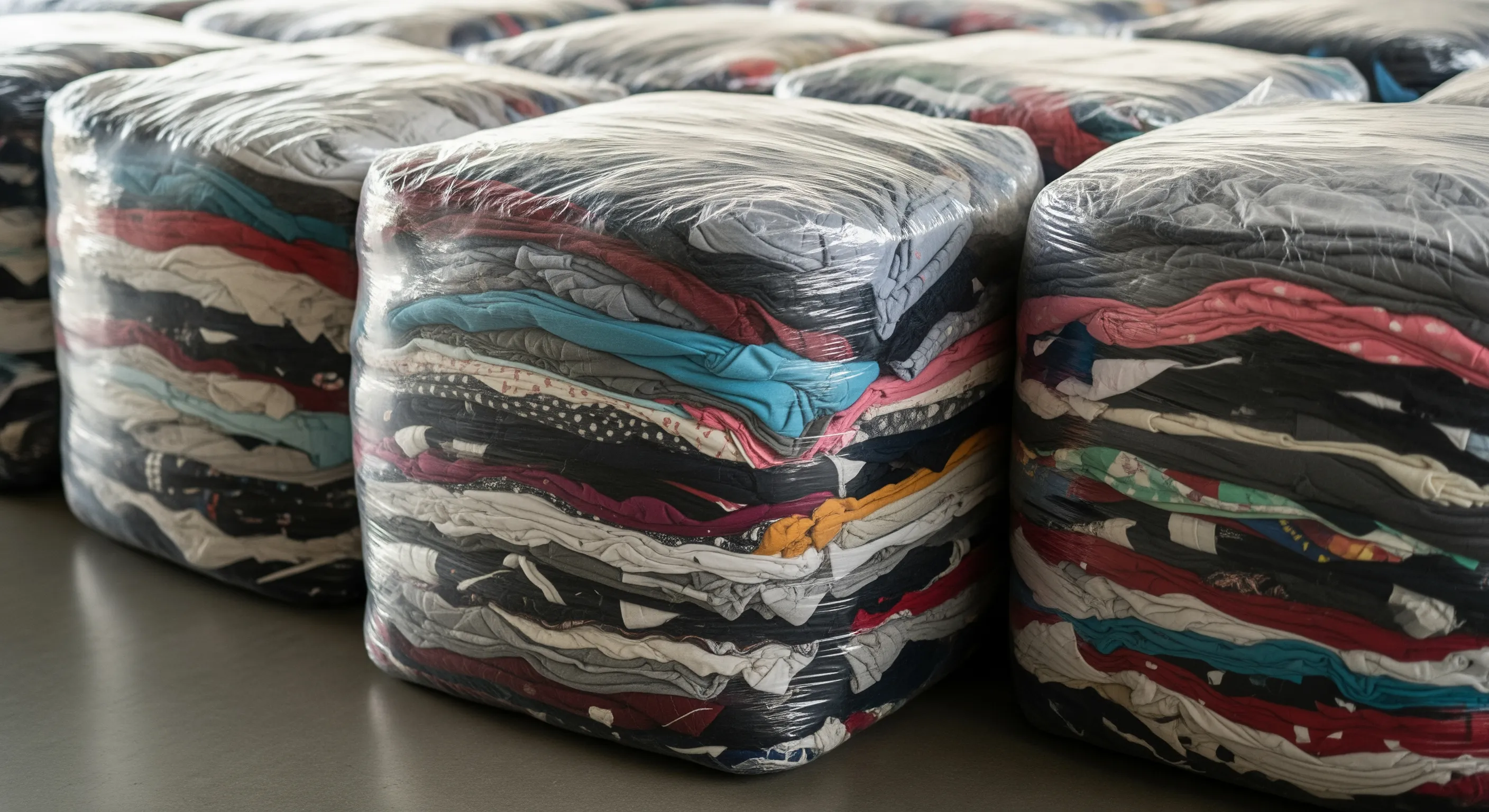 Close-up of compressed bales of second-hand clothing wrapped in clear plastic in a warehouse