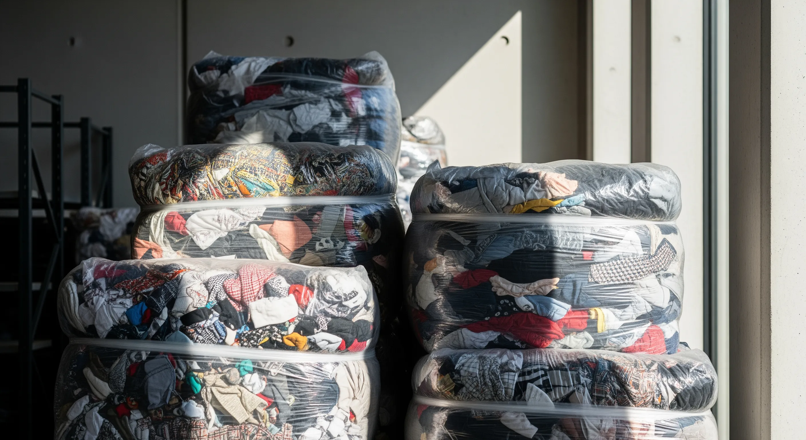 Close-up of compressed fabric bales wrapped and stacked at human height scale in a clean warehouse