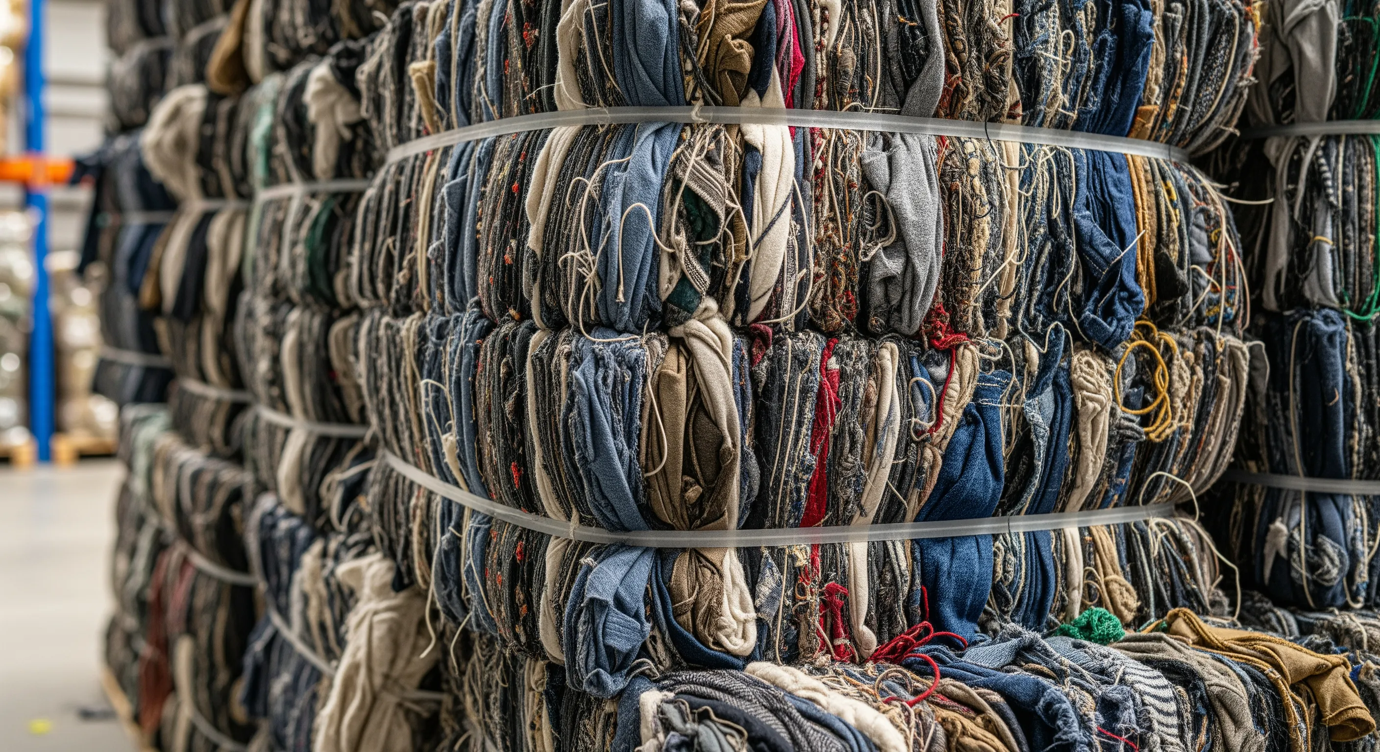 Close-up of compressed bales made of mixed fabric stock showing texture and tight bindings in a clean warehouse setting
