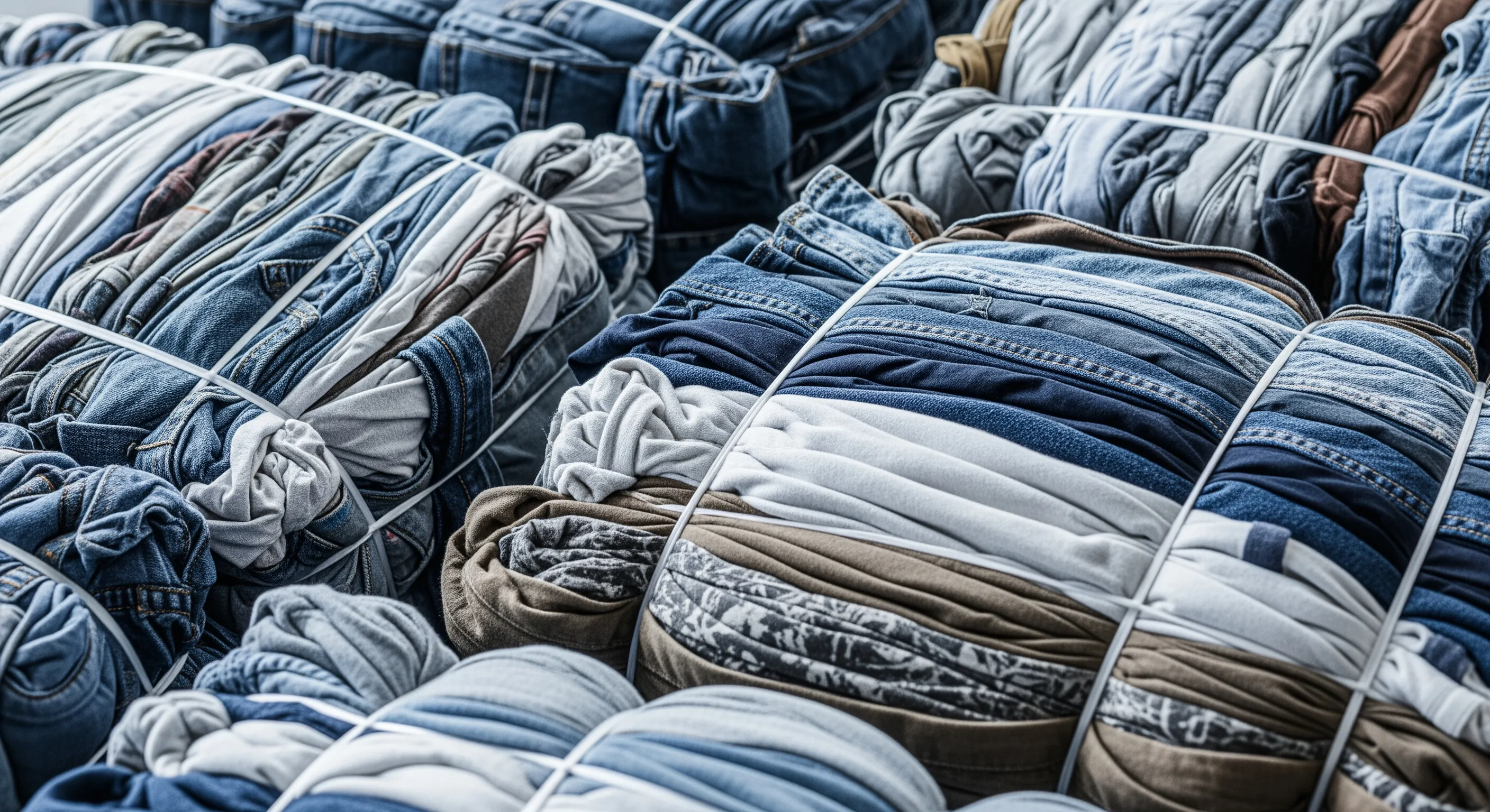Close-up of large second-hand clothing bales tightly wrapped and bound, showcasing textures of stock clothing in a professional warehouse setting.