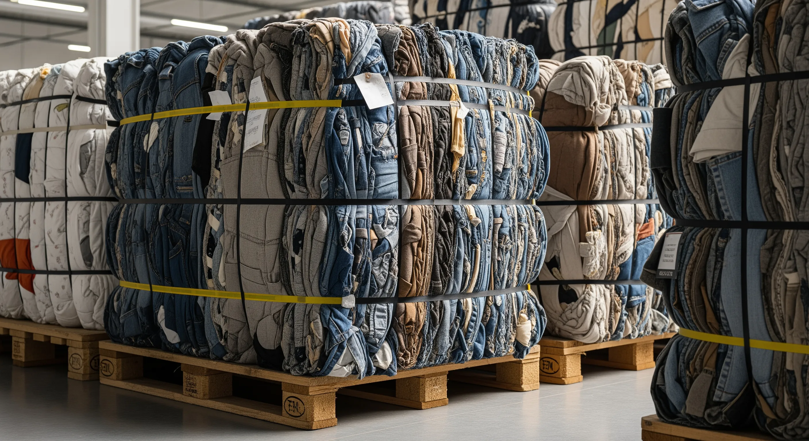 Close-up of large tightly compressed second-hand clothing bales on pallets in a modern warehouse