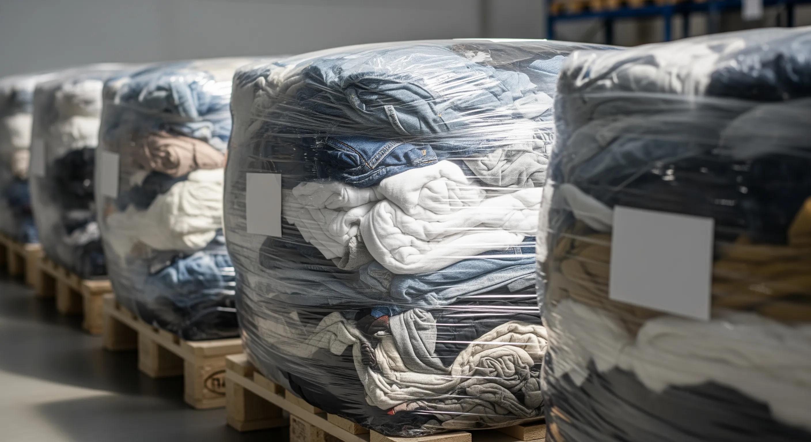 Close-up of compressed clothing bales on wooden pallets inside a well-lit warehouse environment