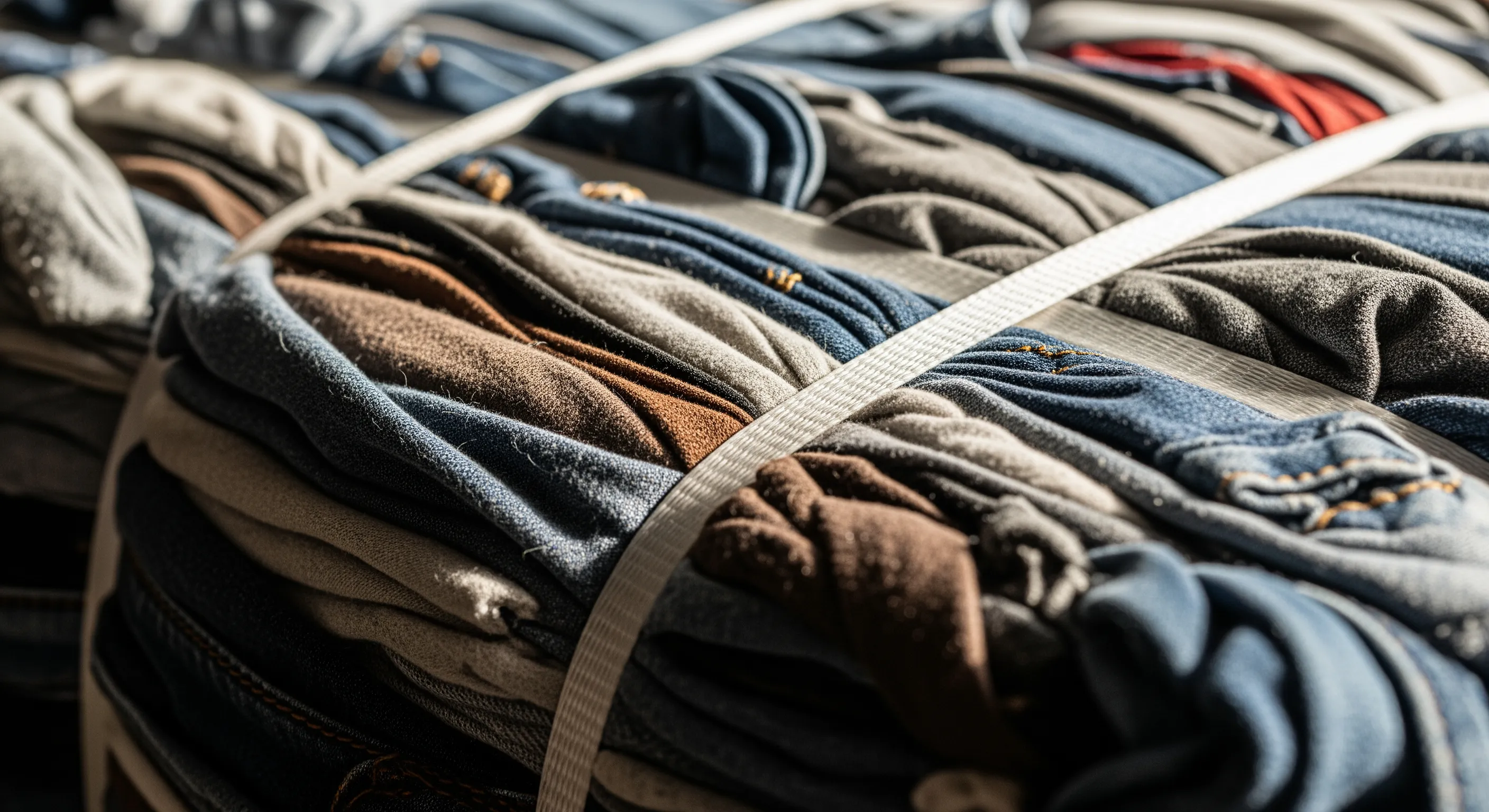 Close-up of tightly compressed fabrics and straps of a second-hand clothing bale in a wholesale stock warehouse