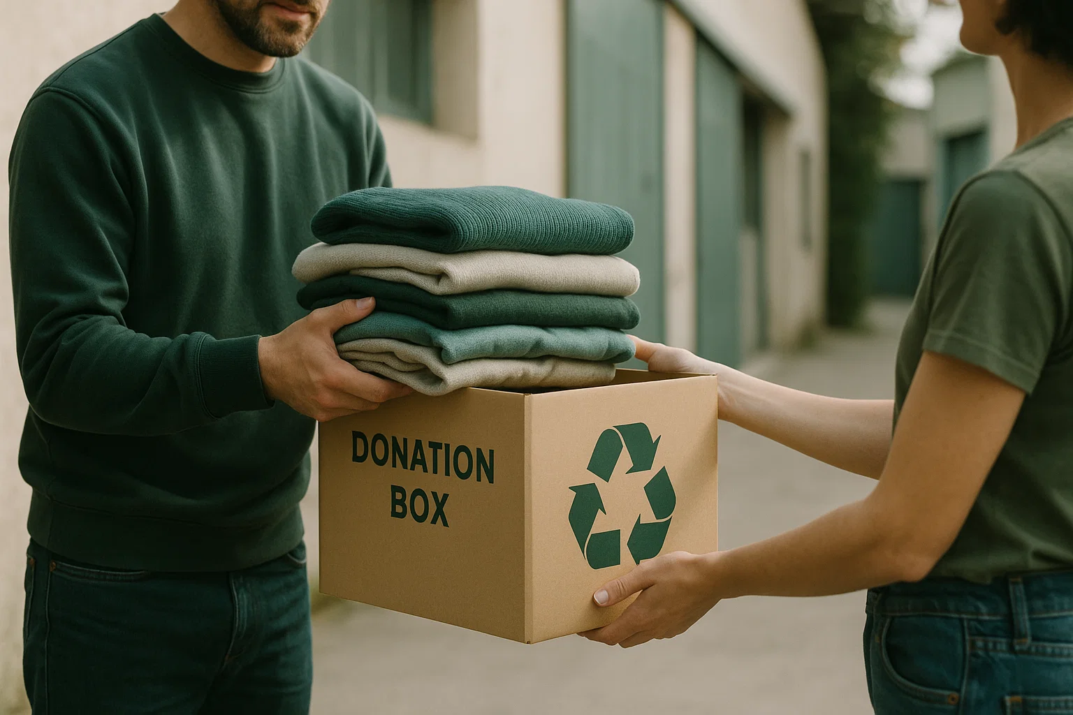 Donation box with recycled clothing for sustainability mission